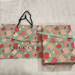 Gucci GG Green and Red Patterned Apple shopping Bag, handbag box, & ribbon.